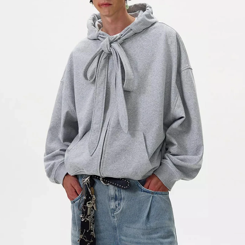 Y2K Style Mens Hoodies Vintage Lace-up Design Zipper Hooded Jackets Men Streetwear 2025 Spring Autumn Casual Solid Color Hoodie