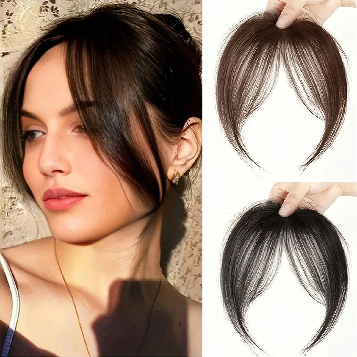 

Natural synthetic French lanugo bangs wig clip on a woman's forehead straight hair fake bangs heat-resistant wig