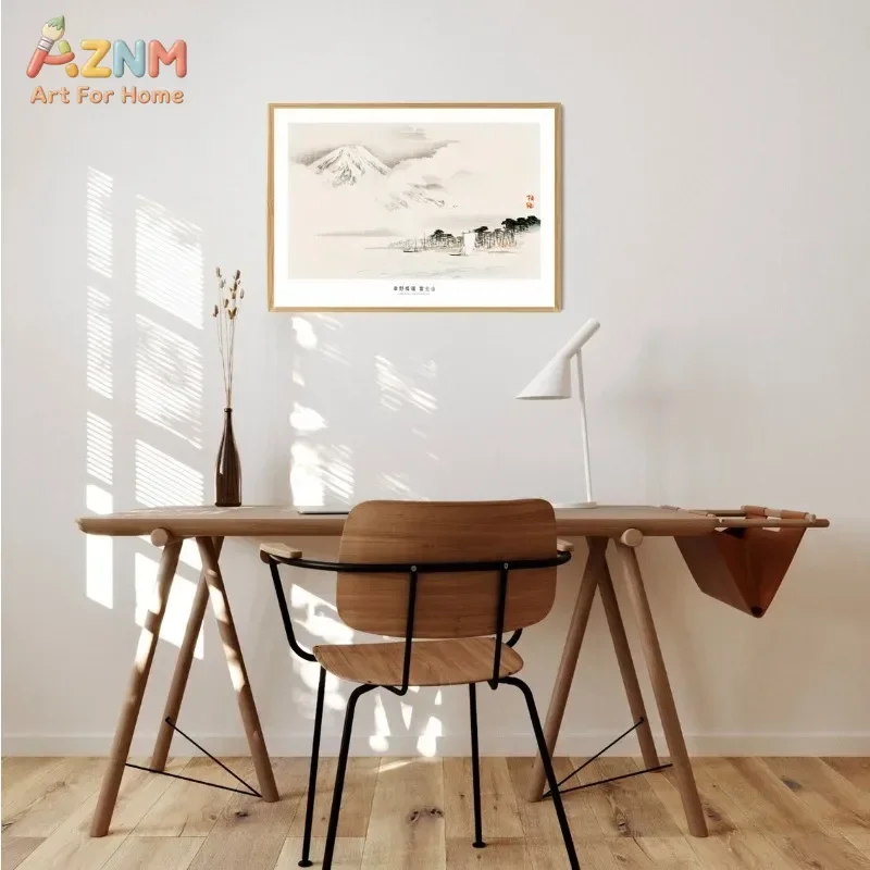 AZNM Vintage Japanese Ukiyo-e Canvas Wall Art Bamboo Mountain Floral Lotus Traditional Ink Print Unframed Canvas Painting for Or