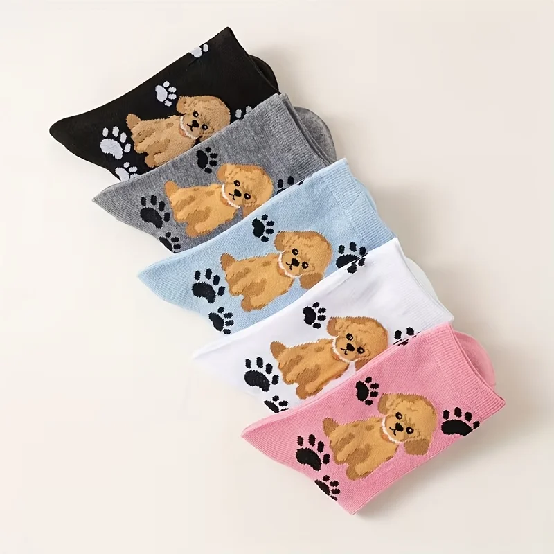 5 Pairs of Stylish And Cute Cartoon Animal Dog Paw Print Mid-Calf Socks for Women