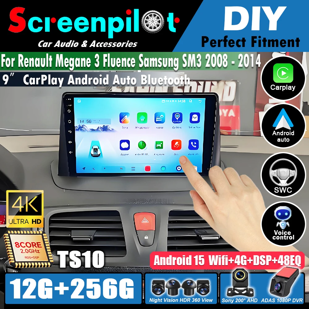 Radio para coche para Renault Megane 3 Fluence Samsung SM3 2008 - 2014 Android 16 Reproductor multimedia de video Autoestéreo Carplay WIFI GPS