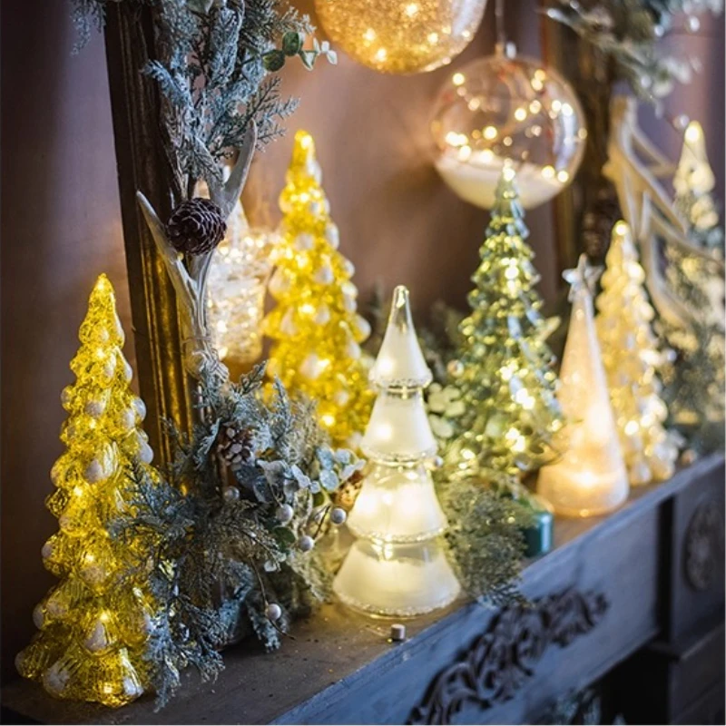 Glass Mini Christmas Tree LED Tabletop Decor for Holiday Scenes Festive Ornament with Glowing Home Atmosphere Decor for Party