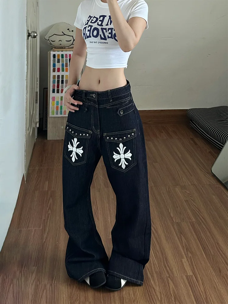 Retro American Print Splicing Rivet Denim Jeans Women's Autumn Trendy Loose Slim Wide Leg Long Pants High Waist Casual Style