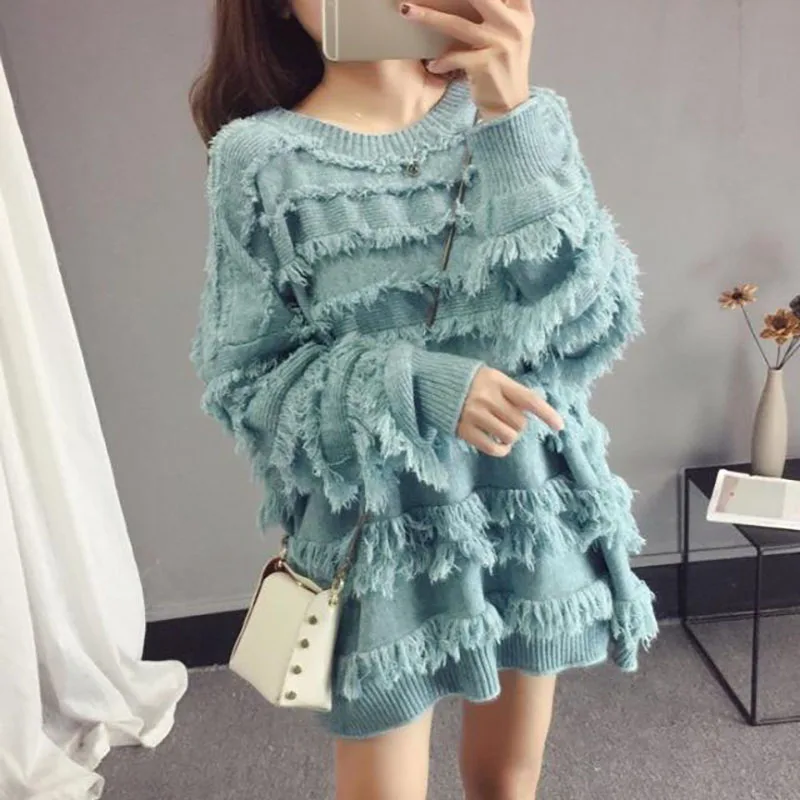 2023 Autumn Winter Knit Women Sweater Tassel Bat Sleeve Loose Pullover Sweater Fashion Casual Loose Warm O-Neck Korean Sweater