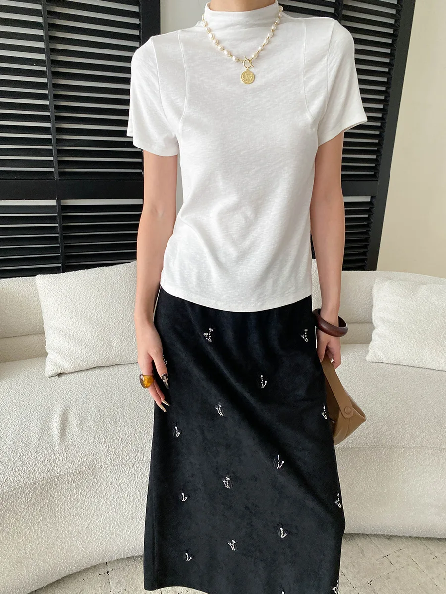 Autumn new fashionable semi high neck shoulder line segmentation slimming temperament base short sleeved T-shirt
