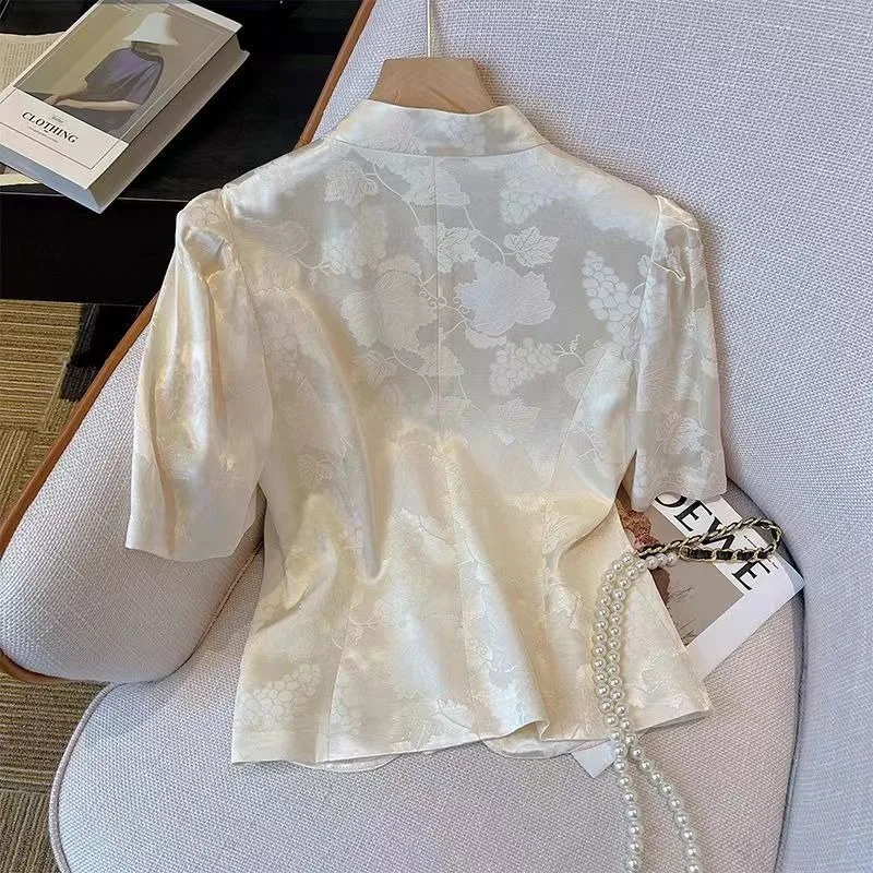 Chinese Style Short Sleeve Shirt Women's Summer Retro Elegant Cheongsam Blouse with Frog Buttons Breathable Casual Vintage Top