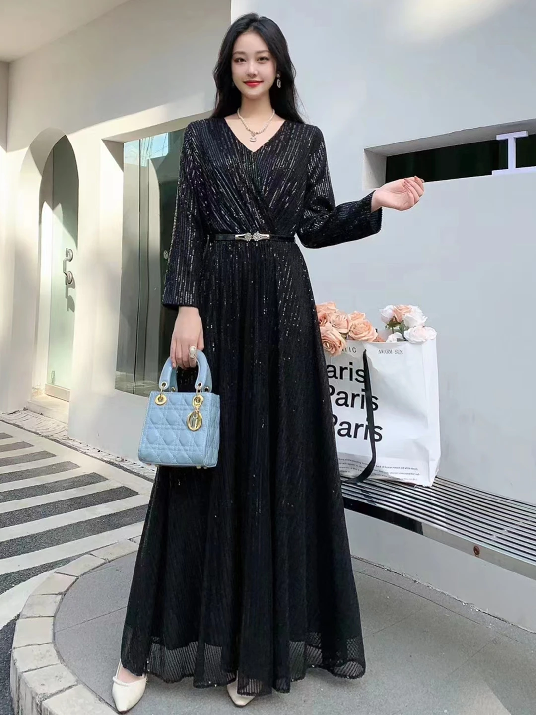 2024 New Spring Autumn Women V-Neck Long Sleeve Belt Slim Long Dress High Quality Fashion Shiny Sequinned Big Hem Elegant Dress