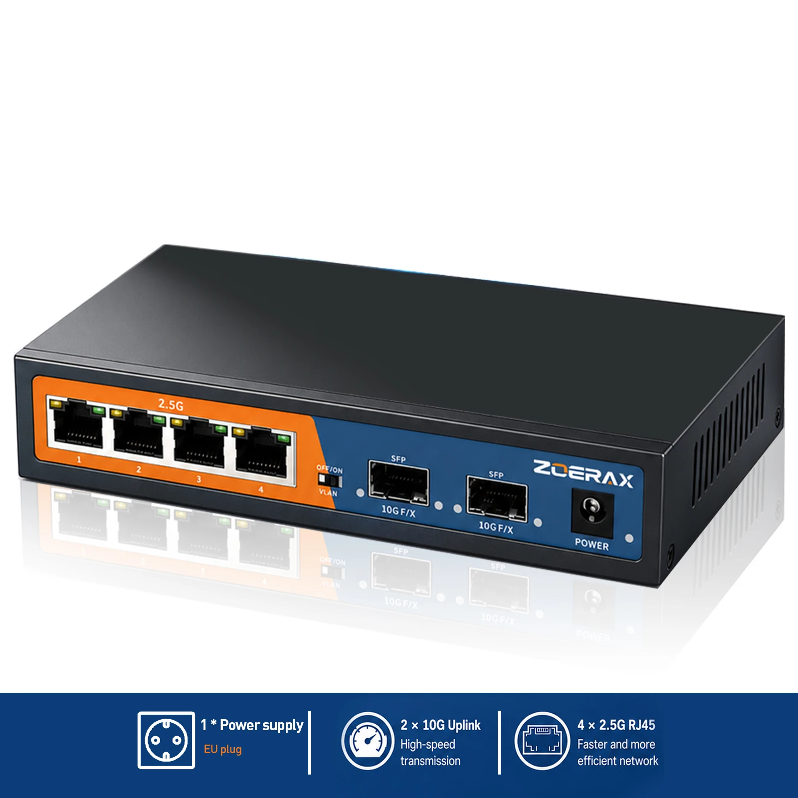ZoeRax 6-Port Multi-Gigabit Ethernet Netzwerk-Switch mit 4-Port 2.5Gb RJ45 und 2-Port 10G SFP+ Unmanaged 4KV Blitzschutz, One-Key-VLAN