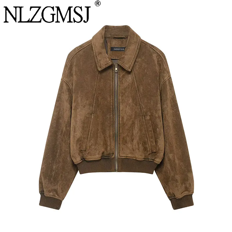

Женская куртка-бомбер NLZGMSJ 2026 весна, из искусственной замши, с длинными рукавами, карманами, на молнии, свободного кроя, в стиле Y2K