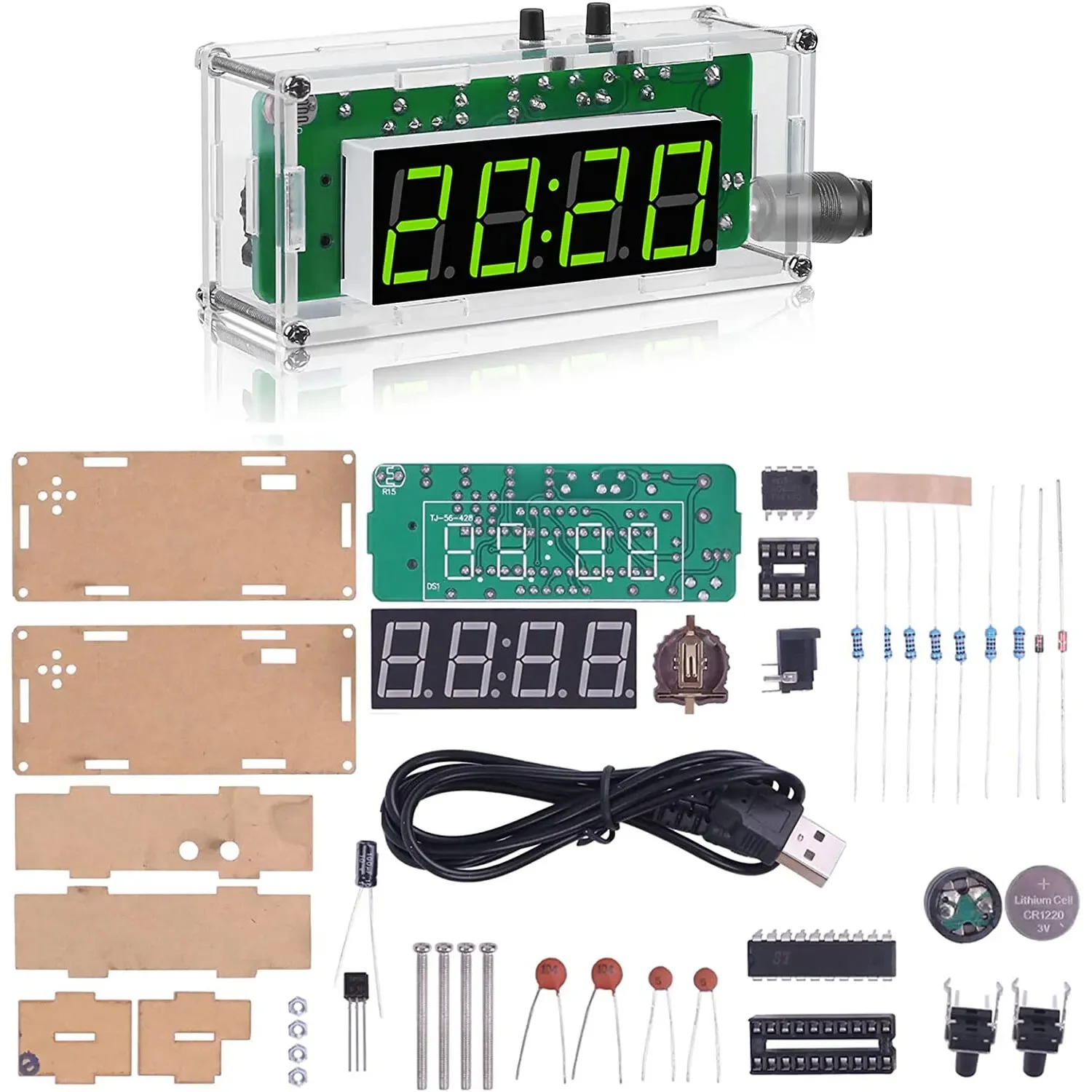 Kits d'horloges numériques DIY à 4 chiffres TJ-56-428 avec coque en acrylique, kit d'horloge-réveil DIY pour la pratique de la soudure et l'apprentissage de l'électronique