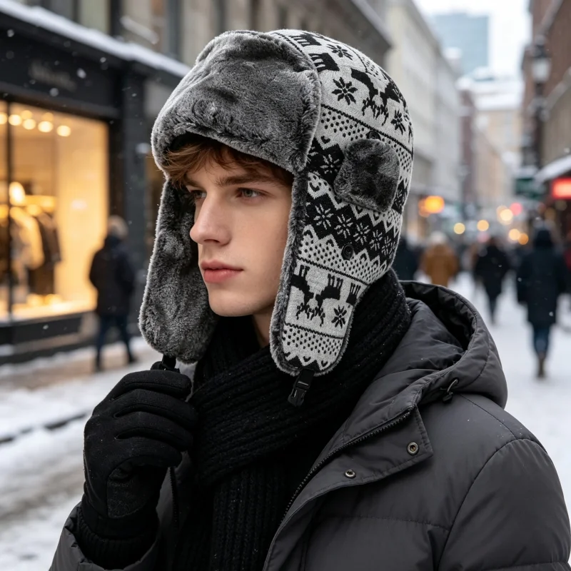 Winter Men Women Trapper Hat Christmas Reindeer Knit Pattern Faux Fur Lined Earflap Hat Warm Ski Snow Cap