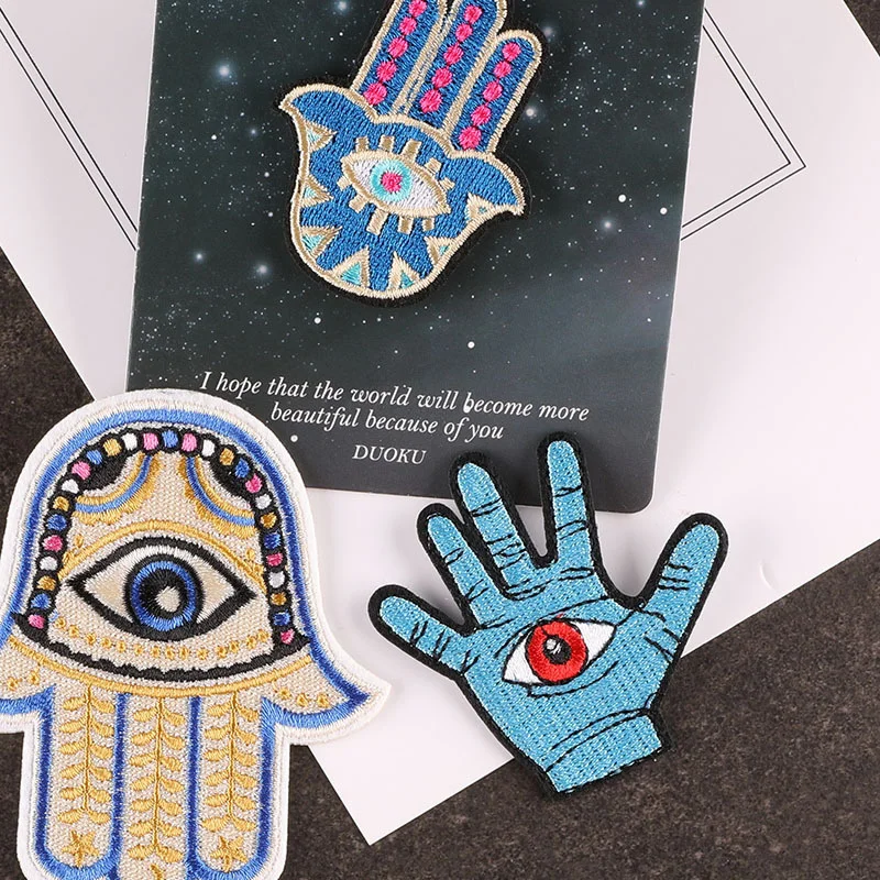Palm Embroidery Back Adhesive Ironing Patch Auspicious Amulet Symbol Hand of Fatima Clothing Backpack Badge Patch