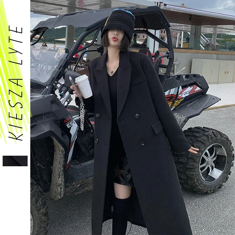 Black Wool Coat for Women 2024 New Hepburn Style Over the Knee Long Fashion Vintage Tweed Coats