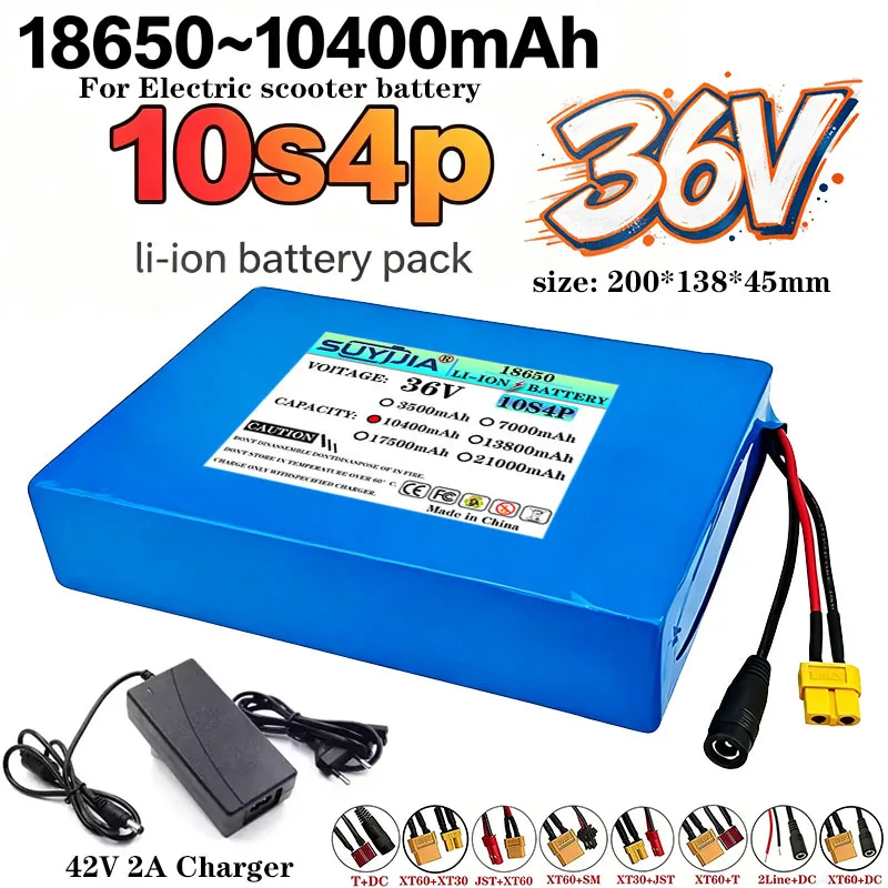 36V 10S4P 10400mAh Lithium-ion Battery, suitable for electric bicycles, electric cars and electric scooters, with built-in BMS