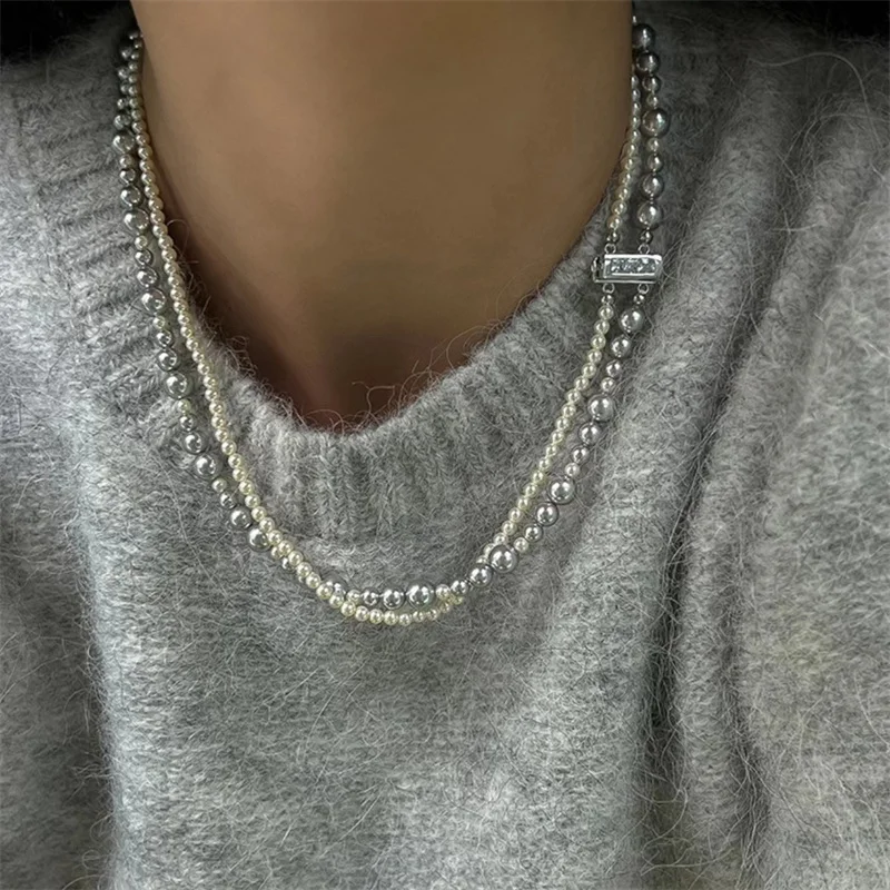 Fashion Imitation Pearl Wrapped Necklace Double Layer Magnetic Buckle Neck Chain Choker Necklace Jewelry Gift image 2