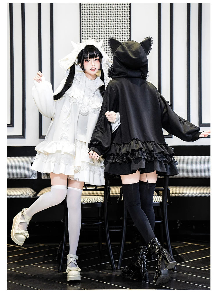 Laminated Ruffle Edge Splicing Black Sweatshirs Women Original Design Sweet Cool Sweatshirt Jacket Removable Hat Lolita Coat