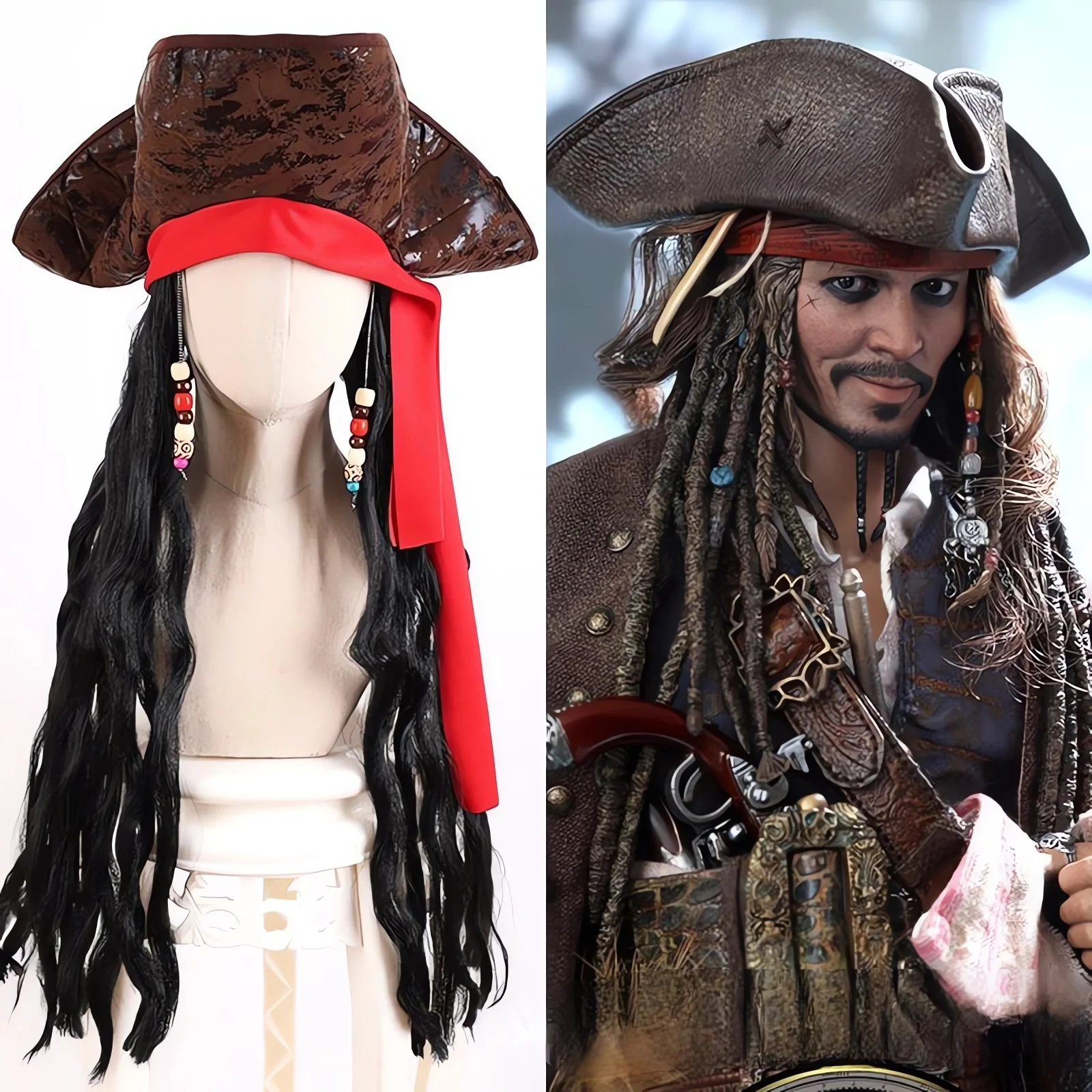 Peluca de pirata para adulto, gorro de capitán Jack Sparrow, disfraz de Halloween, accesorios de Cosplay, sombrero de pirata