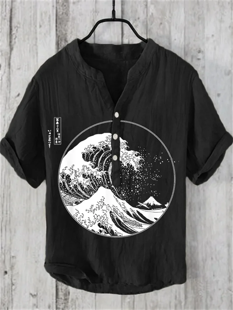 

Japanese art print men's short-sleeved T-shirt 2024 summer fashion retro urban T-shirt men's V-neck Henry shirt