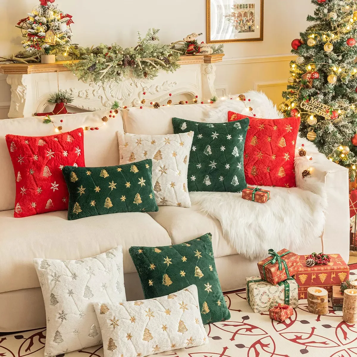 White 45X45cm Christmas Tree Sequins Embroidery Pillow Cover Plush Christmas Tree Home Living Room Sofa Decor Cushion Cover
