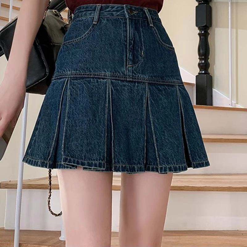 Women High Waist Korean Style Denim Pleated Skirts Female Elegant Ruched Dress Lady Blue A Line Mini Wrap Hips Skirts Large Size