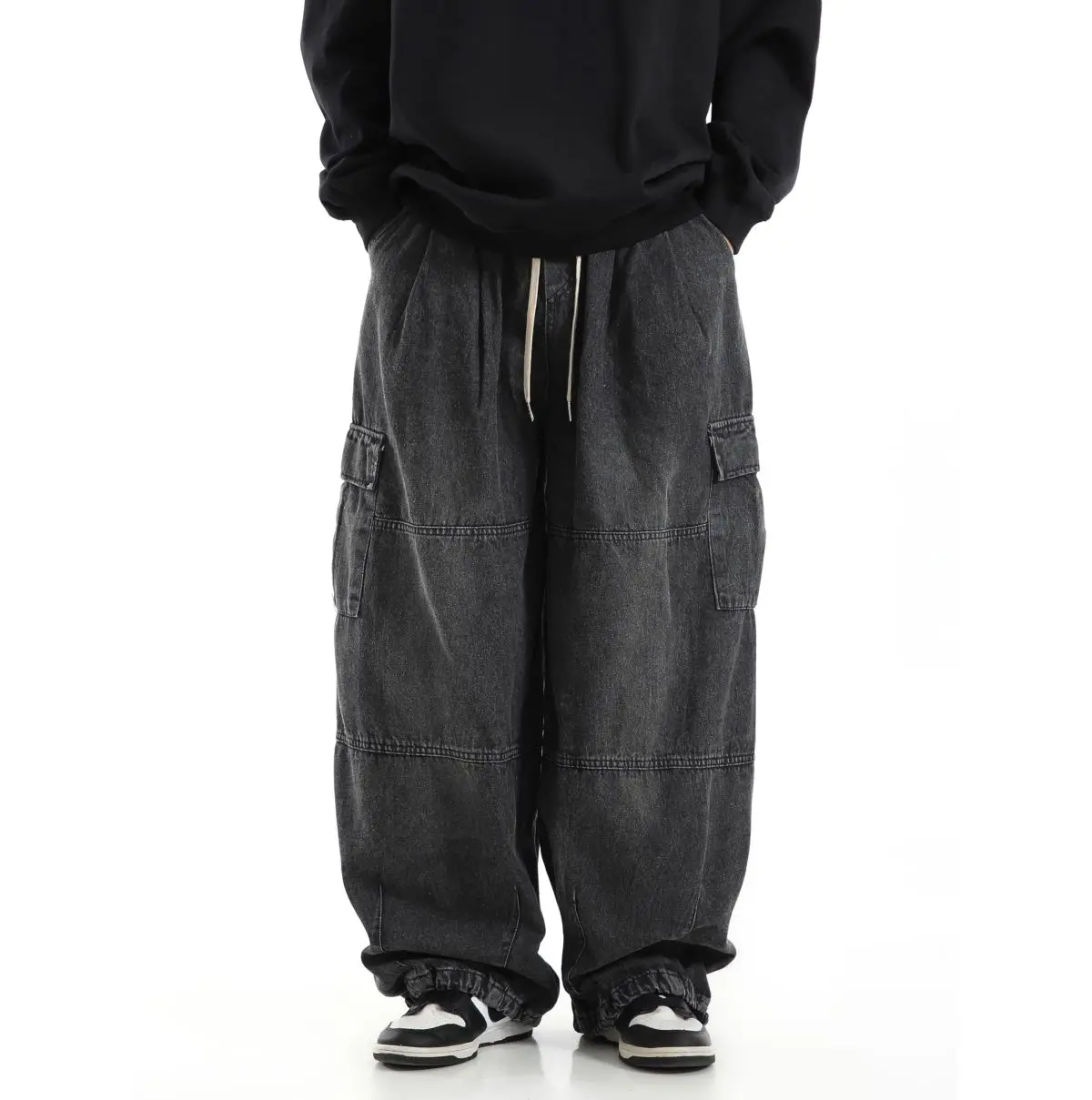 Schwarze Baggy-Cargohose für Herren, lässig, weites Bein, Jogginghose, Übergröße, Vintage, gerade, lockere Arbeitsjeanshose, weicher Komfort – Detail 14