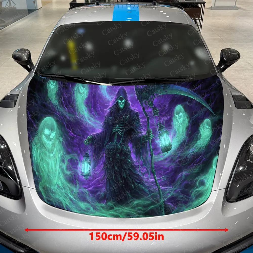 Ghost Lantern Reaper Car Vinyl Wrap, PVC Waterproof Car Hood Sticker, Self-Adhesive Scratch-Resistant Stickers