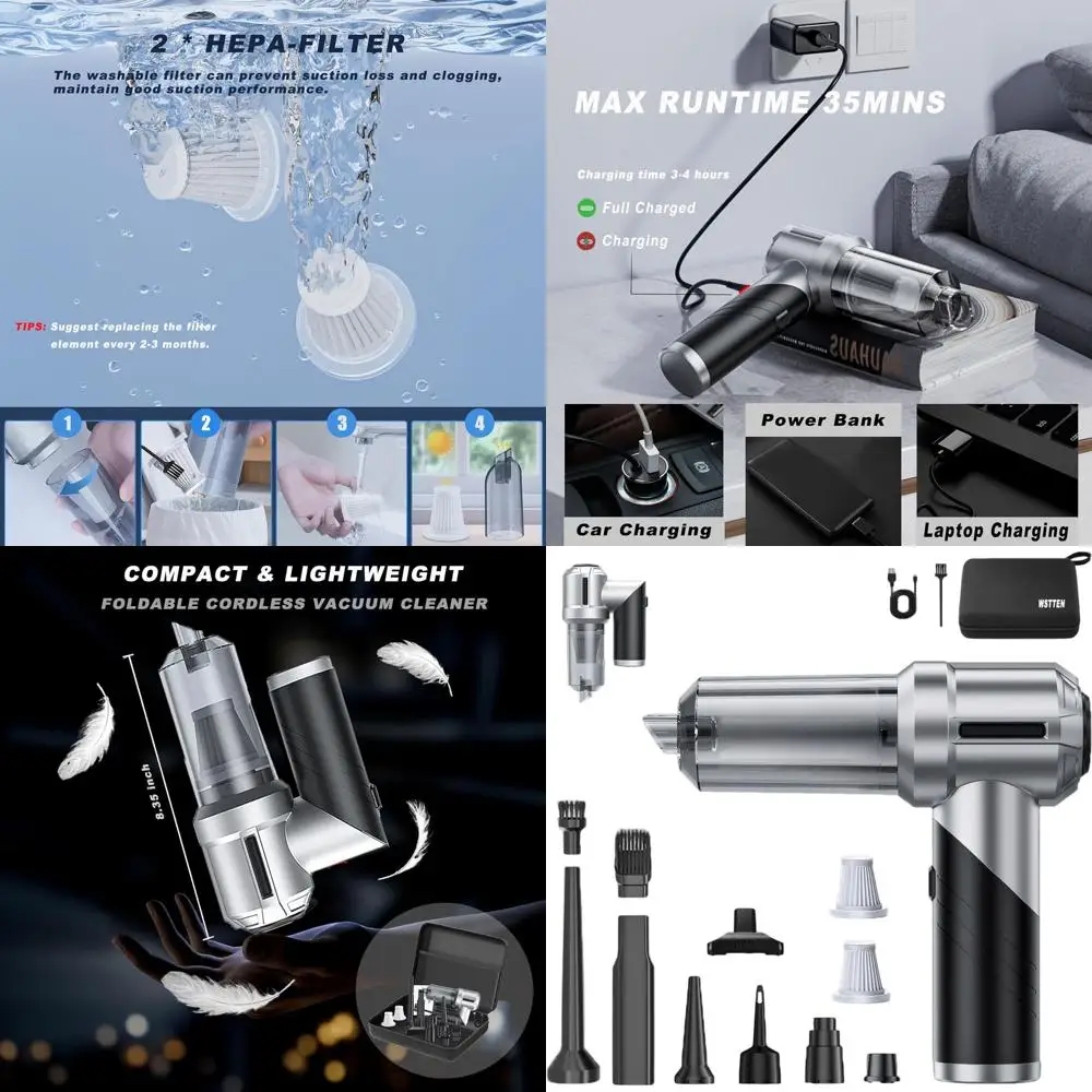 

Cordless 21000PA Compact Handheld Vacuum Cleaner, 4-in-1 Air Duster, Blower, Inflation, and Brushless Motor for Cars, Homes, and