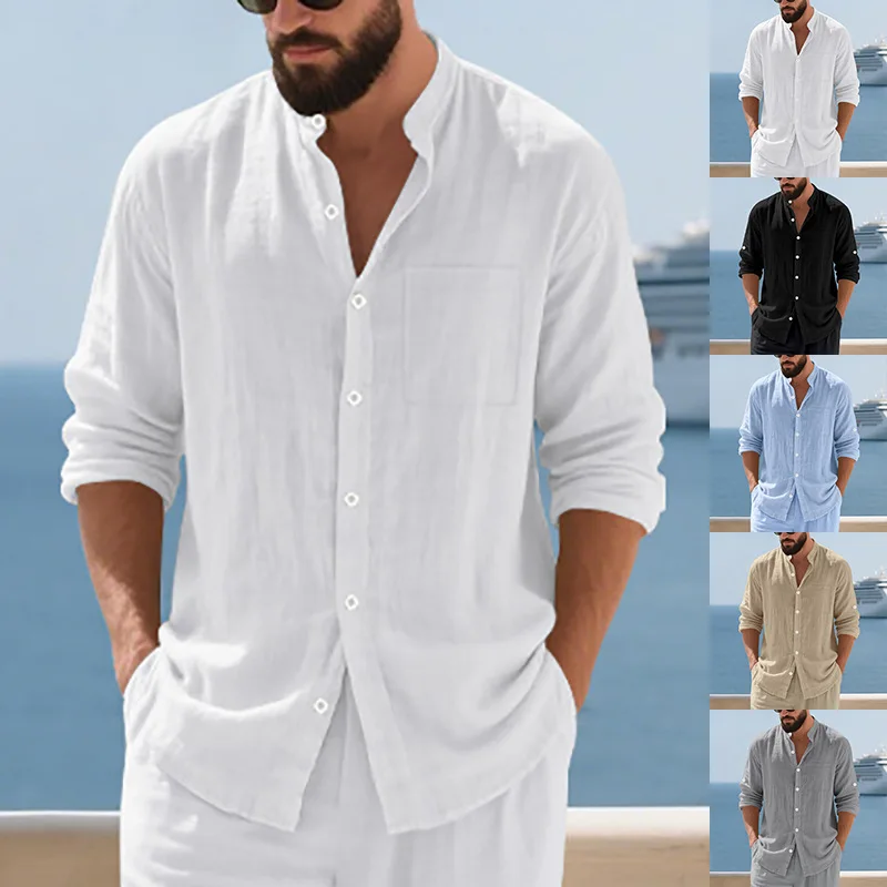 

Men's Clothing Autumn Linen Shirt Beach Casual Button Stand Collar Cardigan Long Sleeve Shirt Men