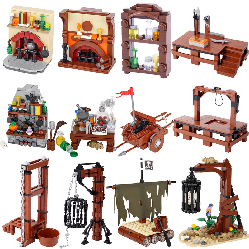 Medieval MOC Scene Building Block Gallow Pirate Ship Cage Elf Treehouse Wizard Kitchen Furniture Pool Notice Board Toy Gift K026