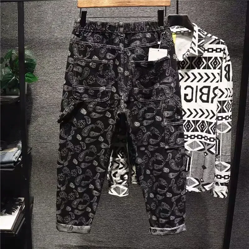 

Man Cowboy Pants Black Men's Jeans Cropped Hip Hop Trousers Straight Grunge Y2k Vintage Loose Kpop Winter Cotton Soft Trend 2024