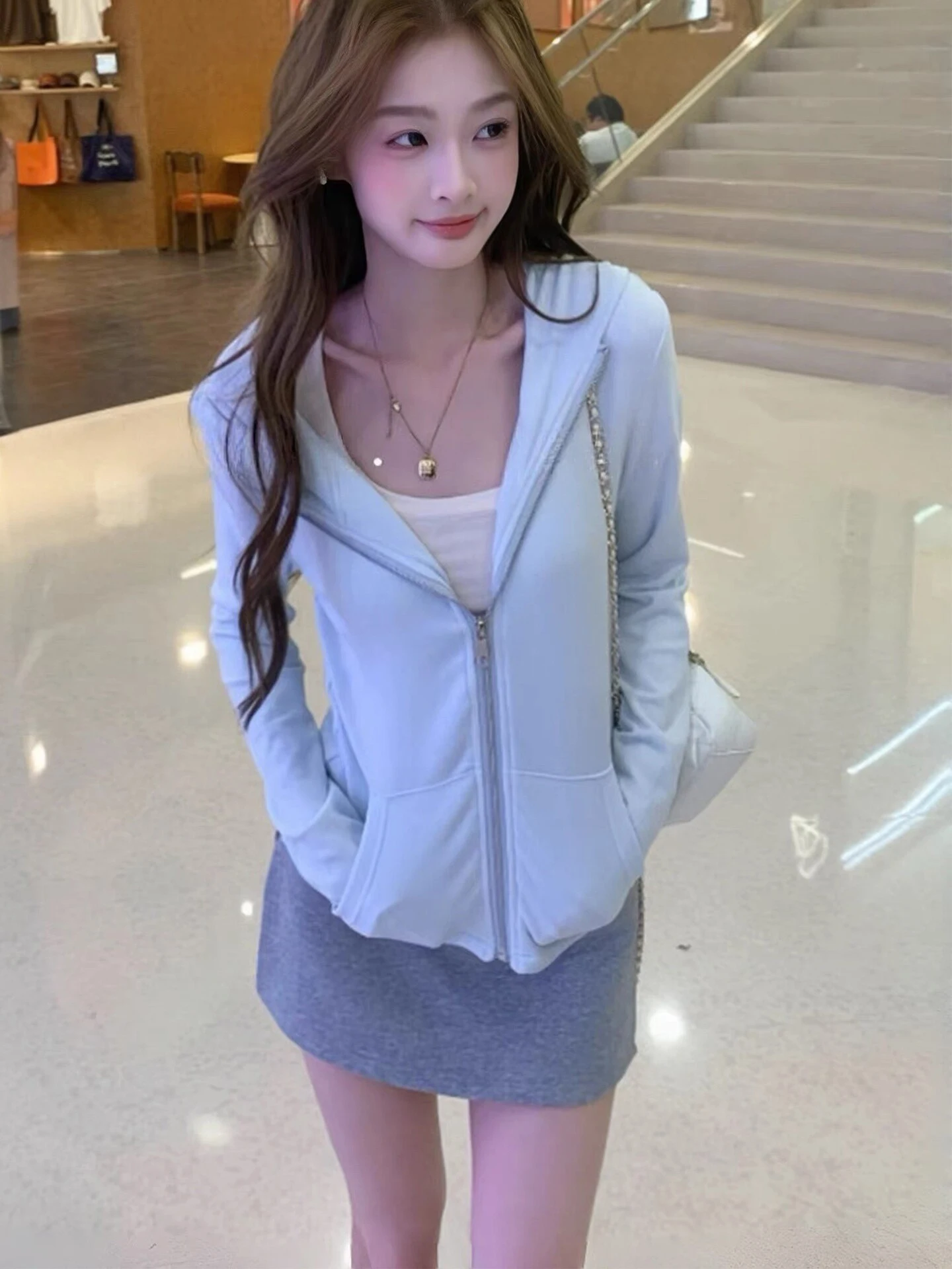 

Summer Fashion Women's Two-Piece Set Light Blue Hooded Sun Protection Open Cardigan Skirt High Waist Loose Fit Long Sleeve