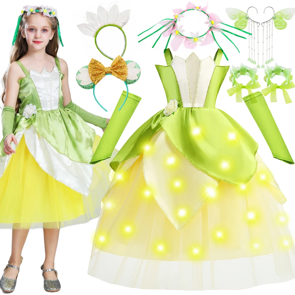 Tiana Fairy Princess Role Play Dress for Girls with LED Light UP Fancy Cosplay Costume Birthday Carnival Party Green Floral Gown