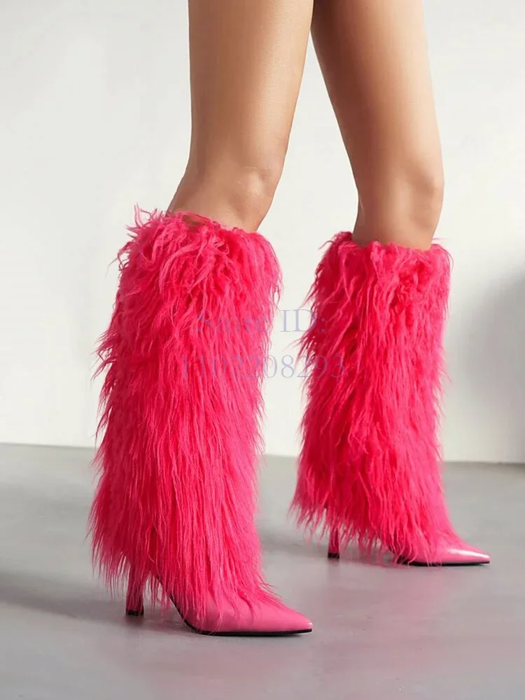 

Charming Faux Fur Knee-High Boots Pink Fringe 2024 Autumn and Winter New Style Tassel Boots for Women Pointed High Heeled
