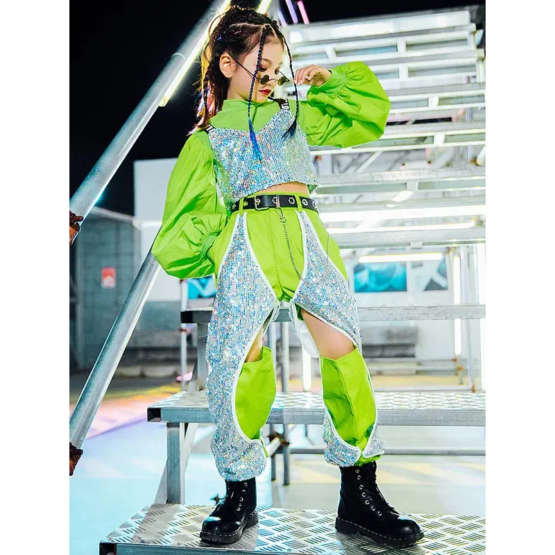 

ZZL Fashion K-pop Stage Outfits for Girls Green Silver Sequin Costume Jazz Dance Hip-hop Clothes Catwalk Performance Wear