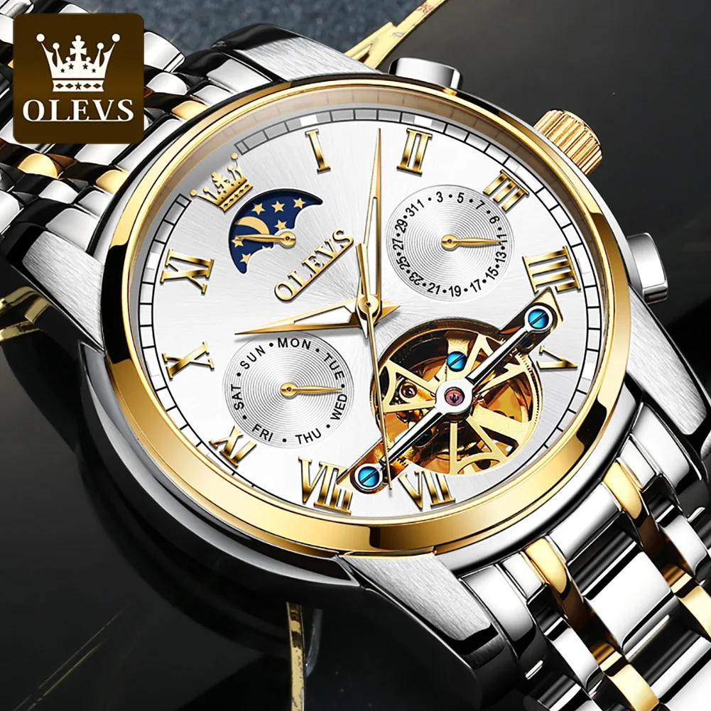 OLEVS Original Automatic Mechanical Watch for Men Luxury TOP Brand Waterproof Luminous Moon Phase Tourbillon Wristwatch Male