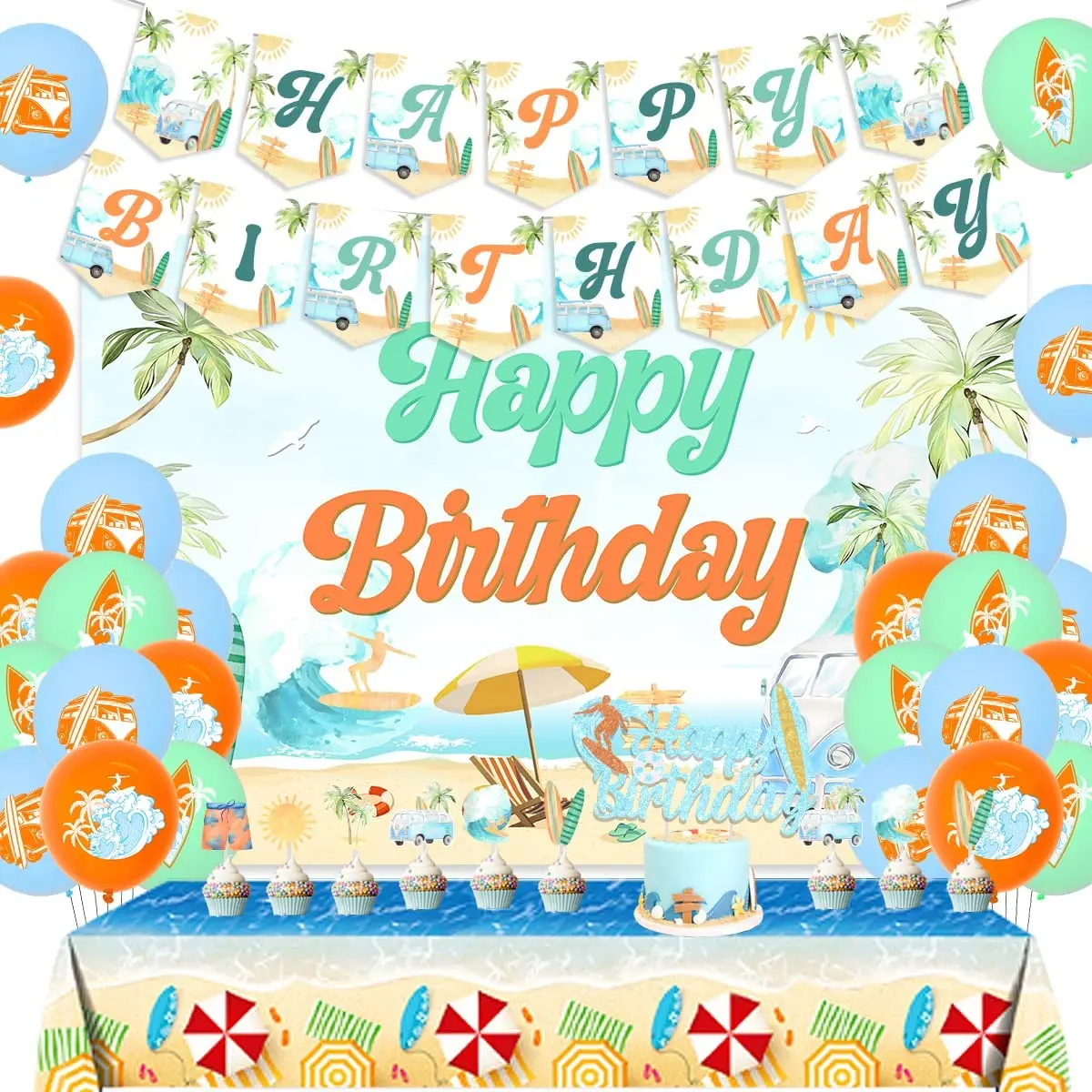 Summer Surfing Birthday Party Decorations Vintage Surfing Happy Birthday Banner Cake Toppers Backdrop Beach Theme Party Supplies