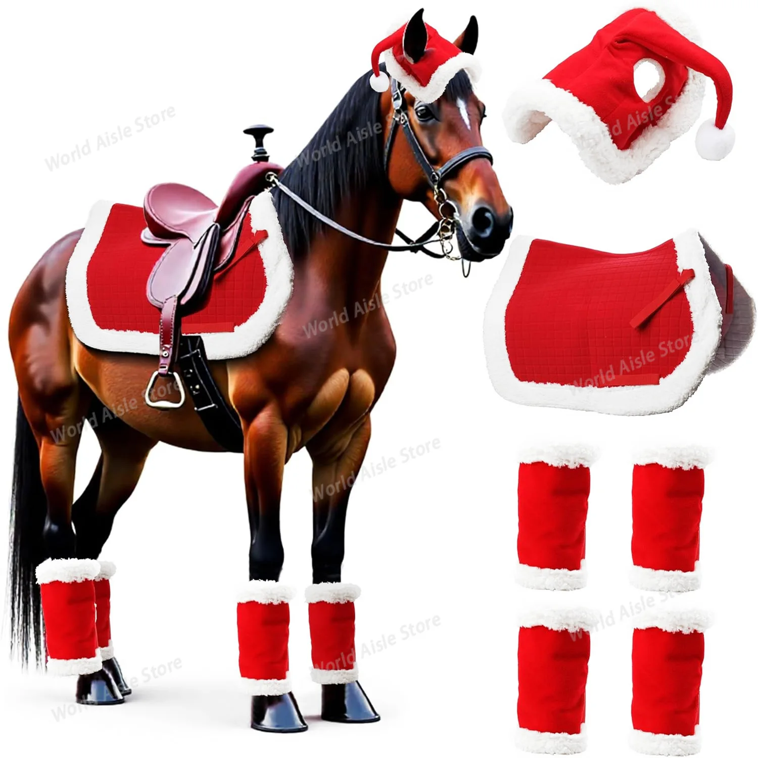 6PCS Christmas Winter Warm Horse Set Leg Protectors, Hat and Saddle Pad Festival atmosphere