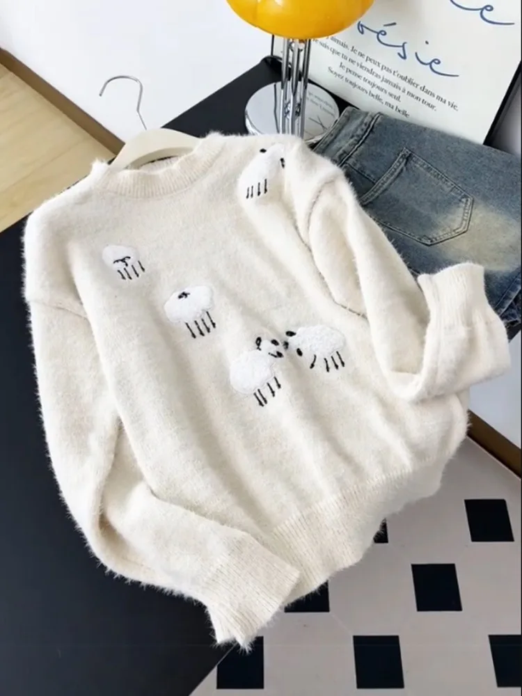 

Soft Cozy White Knitted Sweater Women's Loose Fit Autumn Winter Faion Inner Wear Slimming Top Comfortable Polyester Blend