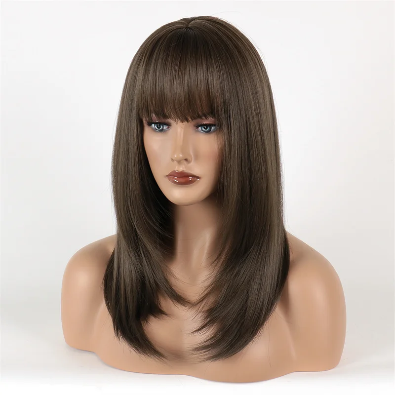 Midum Long Wedding Wig Sythetic Straigt Hair Neat Bangs  Cosplay for Girl