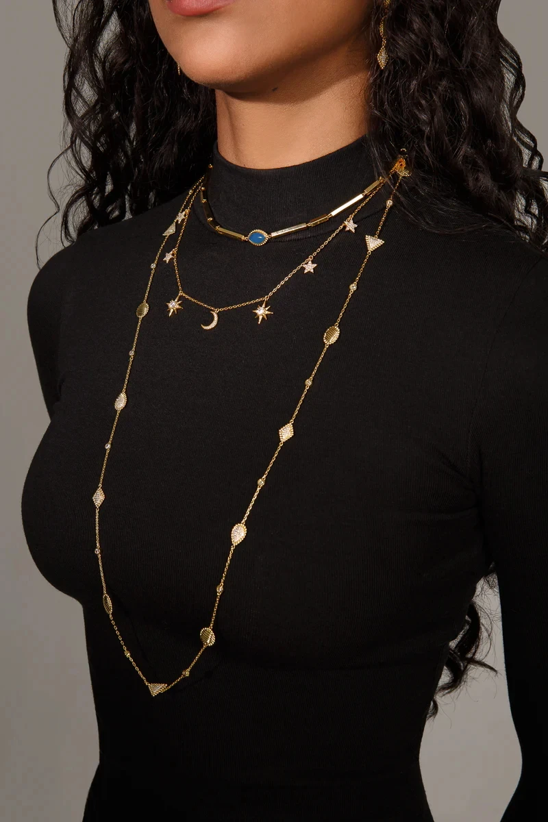 2026 New Fashion Women Jewelry Set Geoemtric Charm CZ Station Link Chain Gold Color Dangle Earring Long Double Layer Necklace
