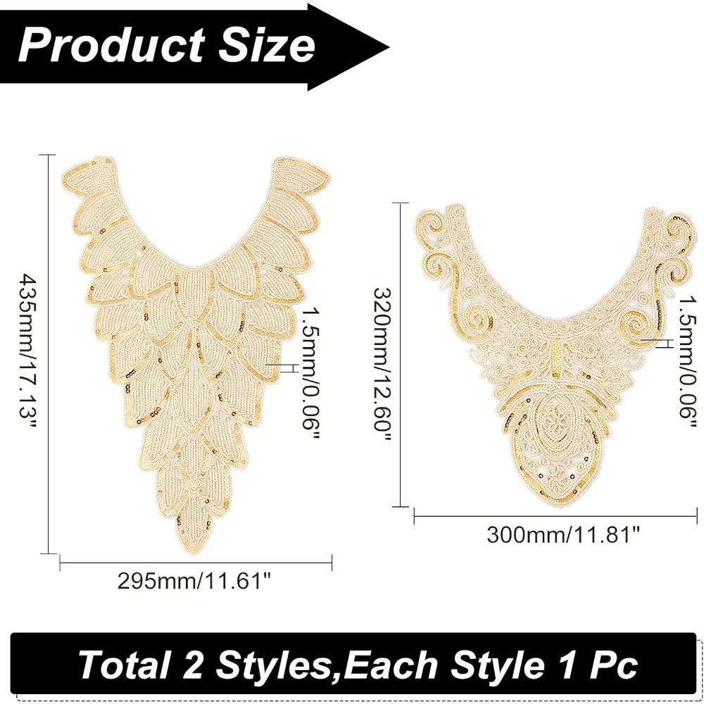 2 pcs Gold Collar Applique 2 Style Sequin Floral Embroidered Applique Trim V-Neck Ethnic Style Collar Sew on Patches Neckline