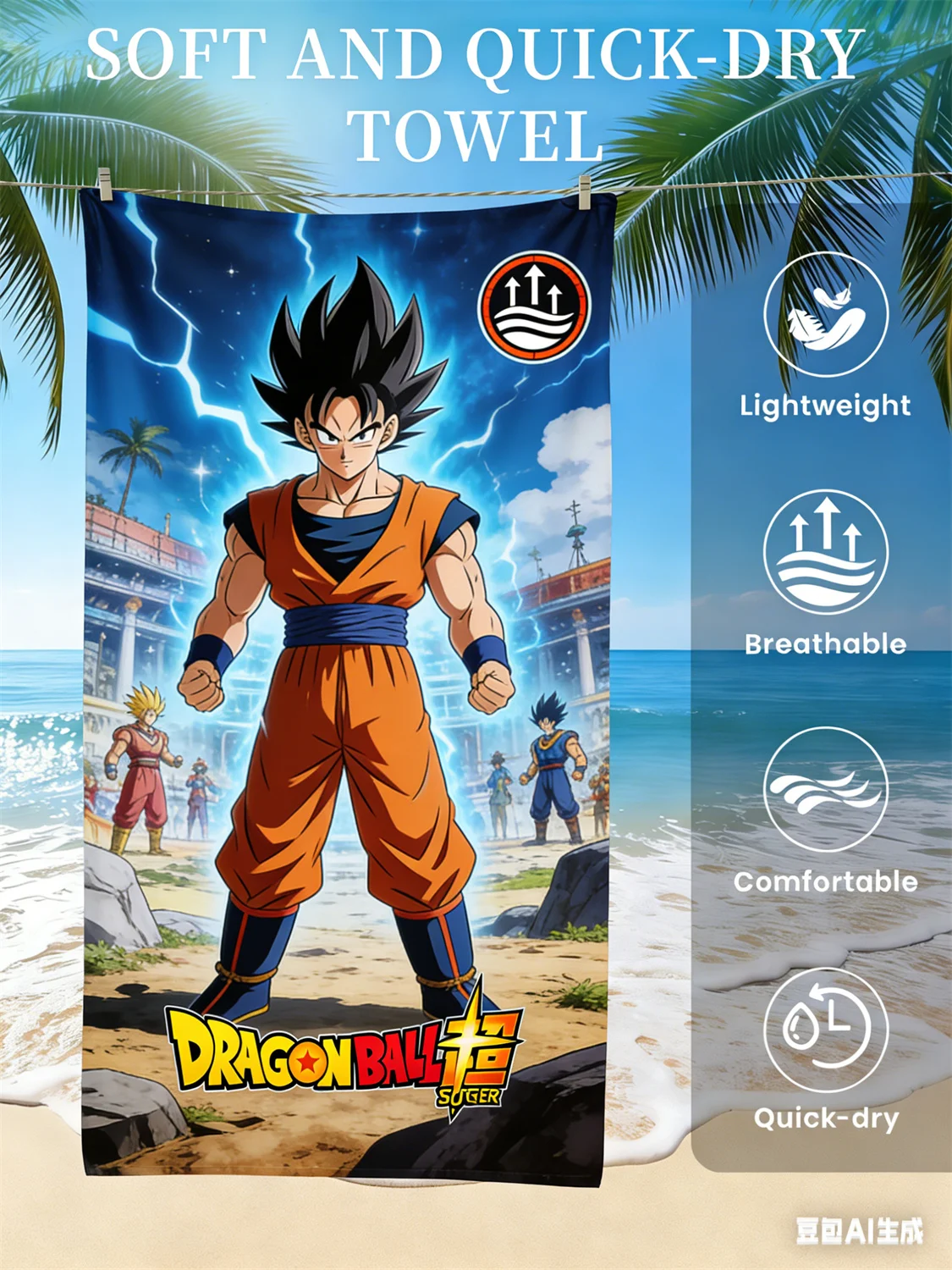 Dragon Ball Strandtuch, Anime-Fan-Favorit Vegeta Super Saiyan Blue Print Schnelltrocknendes Handtuch für Strand, Pool und Anime-Enthusiasten