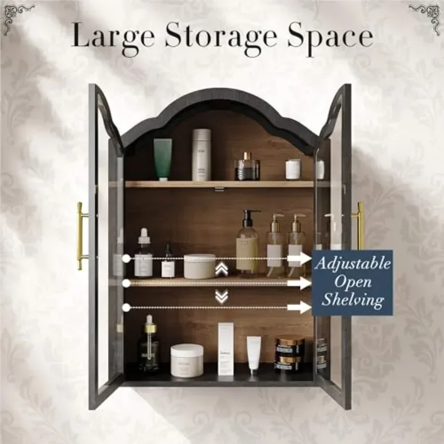 Bathroom and Kitchen Wall Cabinet with Wave Design Arch, Tempered Glass Doors, Adjustable Shelf, Above-toilet or Bookshelf Use, - view 3