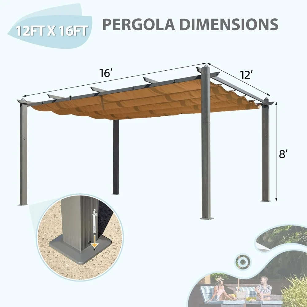 12 x 16 FT Pergola, Aluminum Pergola with Retractable Canopy, Upgraded Shelter with Adjustable and Removable Sun Shade