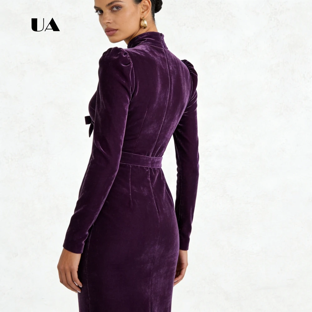 ULBYANRY 벨벳 컷아웃 롱 슬리브 프롬 드레스, 솔리드 터틀넥 보우 이브닝 드레스, 심플 컬럼 맞춤형 파티 가운