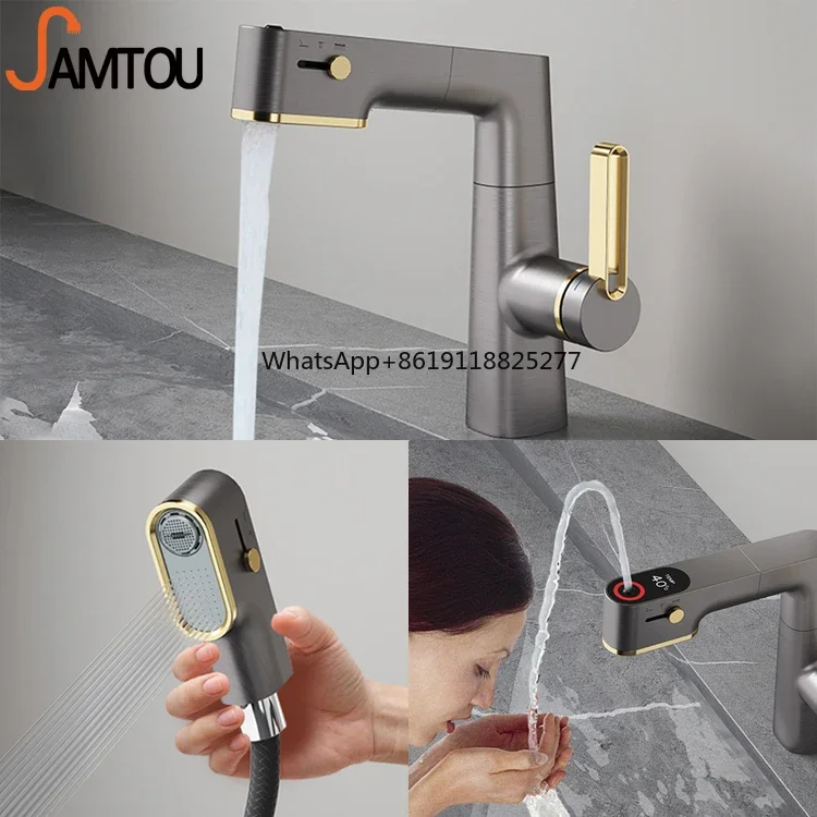 pullwash basin solid faucet sink tempered glass basin bathroom smart thermostat electronic basin faucet digital with temperature