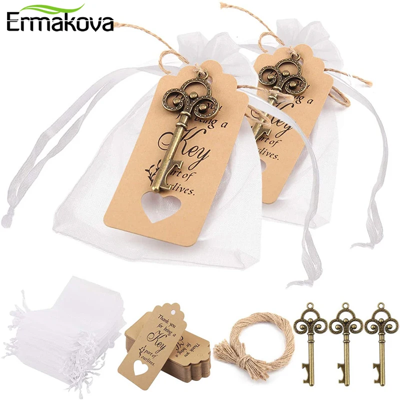 

50Pcs/Set Skeleton Key Bottle Opener With Tag Card Twine Yarn Bag Suitable For Wedding Gift, Baby Shower, Party Gifts