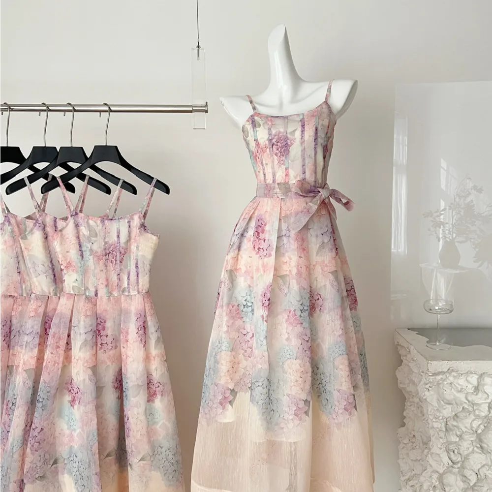 

Women’s Long New Chic Sleeveless Floral Print Soft Color Dress Belt Party Evening Puffy Skirt Casual High-Street Style Clothing