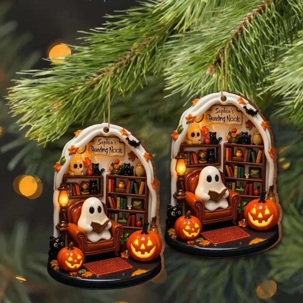 Cute Reading Ghost Halloween Ghost Ornaments 2D Flat Halloween Spooky Decorations Halloween Hanging Home Decor