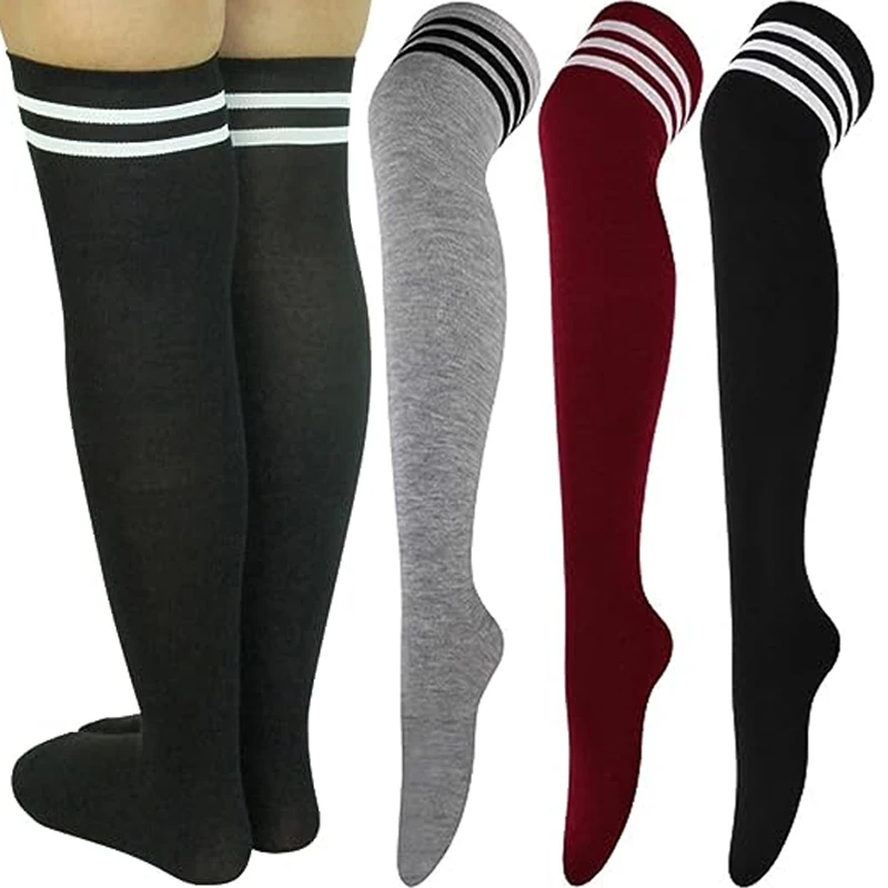 

Warm Striped Cotton Stockings Thigh High Socks Plus Size Over-Knee Long Leggings Lolita Black White Sexy Hosiery Thighs Sock